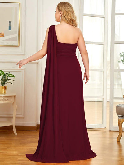 Plus Size Chiffon One Shoulder Maxi Evening Dresses #color_Burgundy