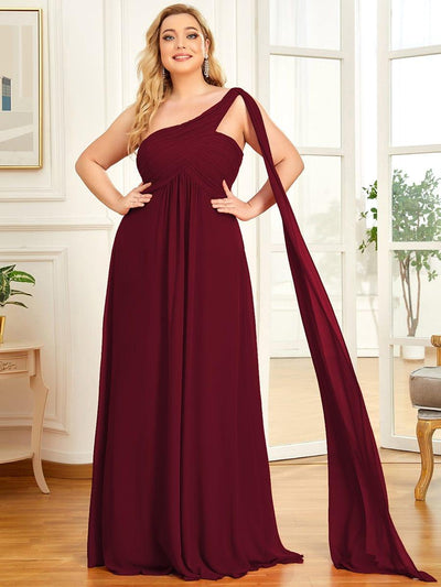 Plus Size Chiffon One Shoulder Maxi Evening Dresses #color_Burgundy