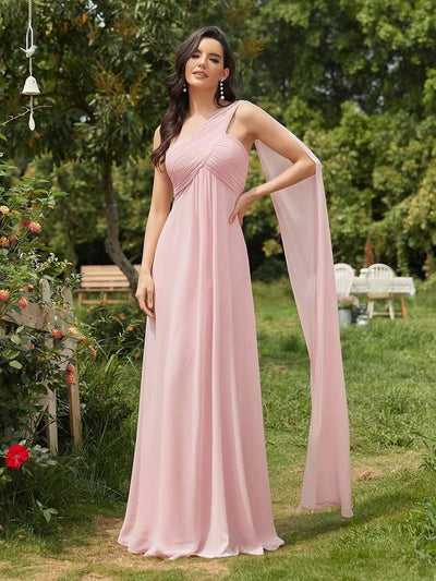 Maxi Long Chiffon One Shoulder Evening Dresses for Women #color_Pink