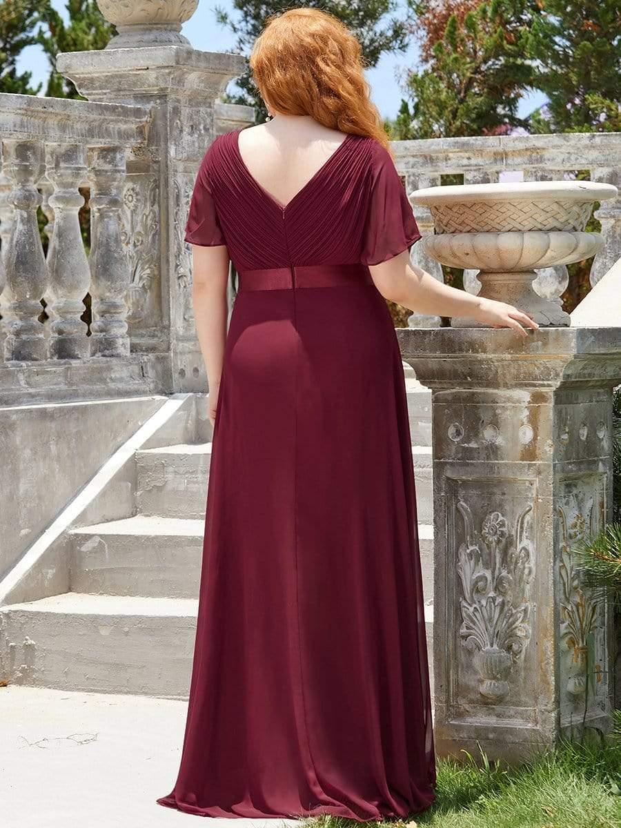 Flutter Sleeves Long Plus Size Bridesmaid Dress #color_Burgundy