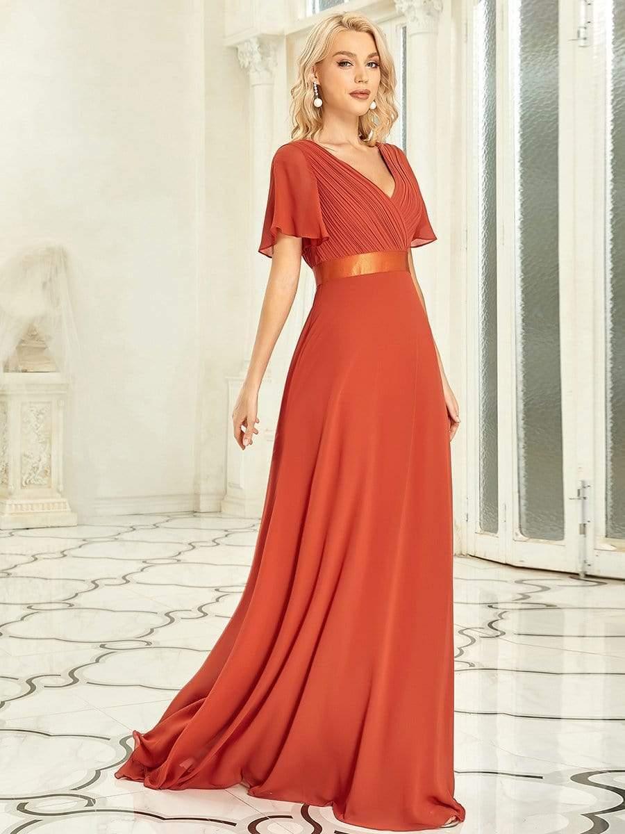 Empire Waist Floor Length Bridesmaid Dress with Short Flutter Sleeves #color_Burnt Orange
