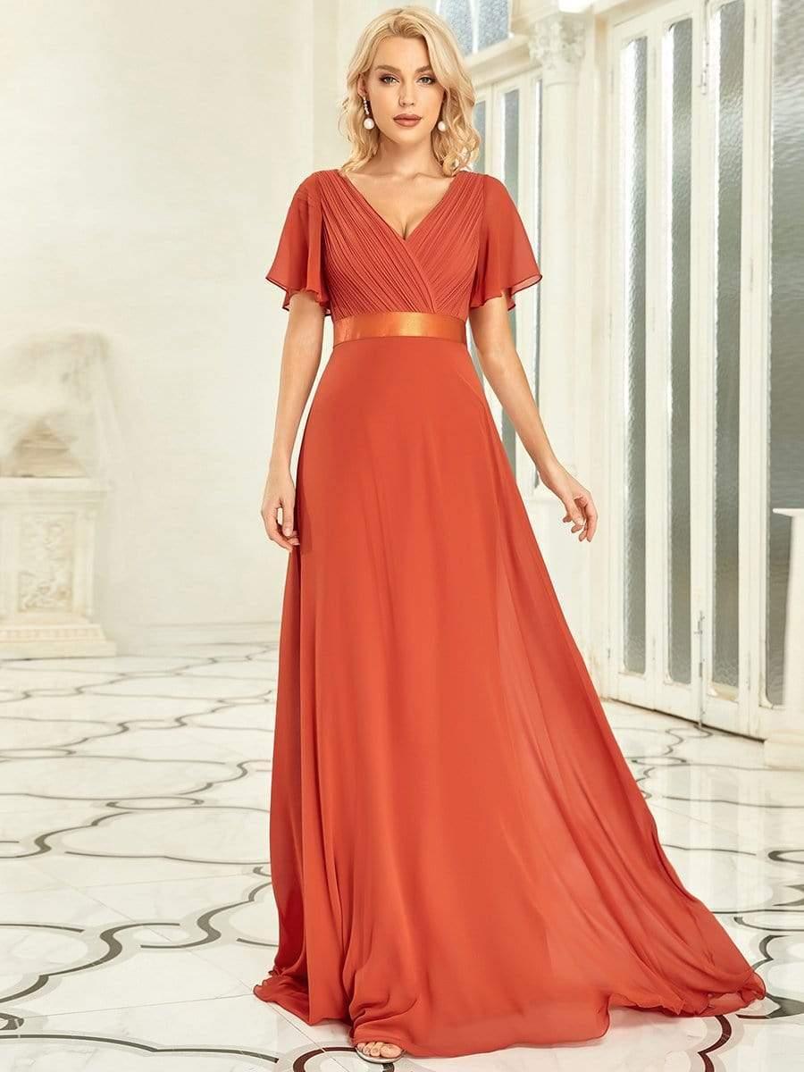 Empire Waist Floor Length Bridesmaid Dress with Short Flutter Sleeves #color_Burnt Orange