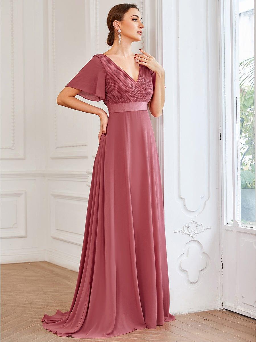 Empire Waist Floor Length Bridesmaid Dress with Short Flutter Sleeves #color_Cameo Brown