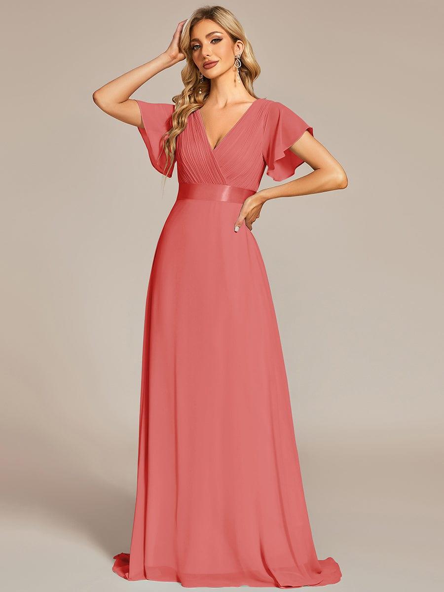 High Waist Maxi Chiffon Bridesmaid Dress with Short Sleeves #color_Coral