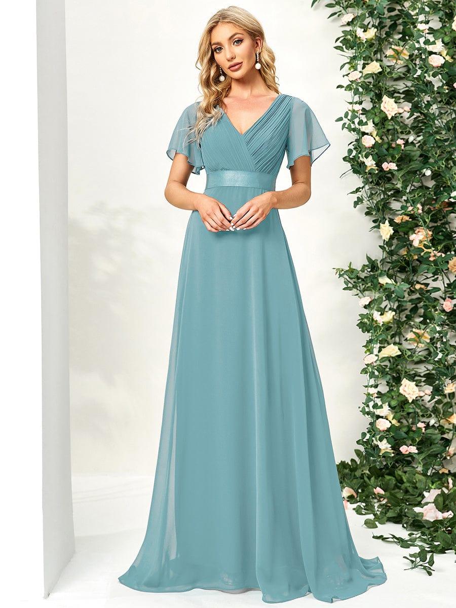 High Waist Maxi Chiffon Bridesmaid Dress with Short Sleeves #color_Light Teal