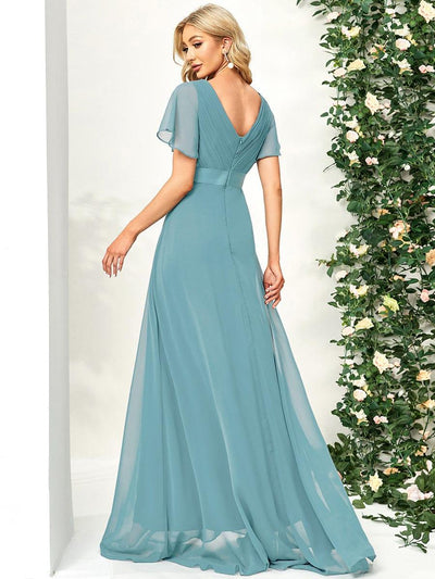 High Waist Maxi Chiffon Bridesmaid Dress with Short Sleeves #color_Light Teal