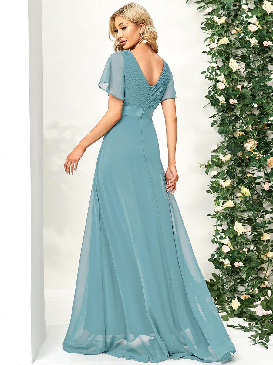 High Waist Maxi Chiffon Bridesmaid Dress with Short Sleeves #color_Light Teal