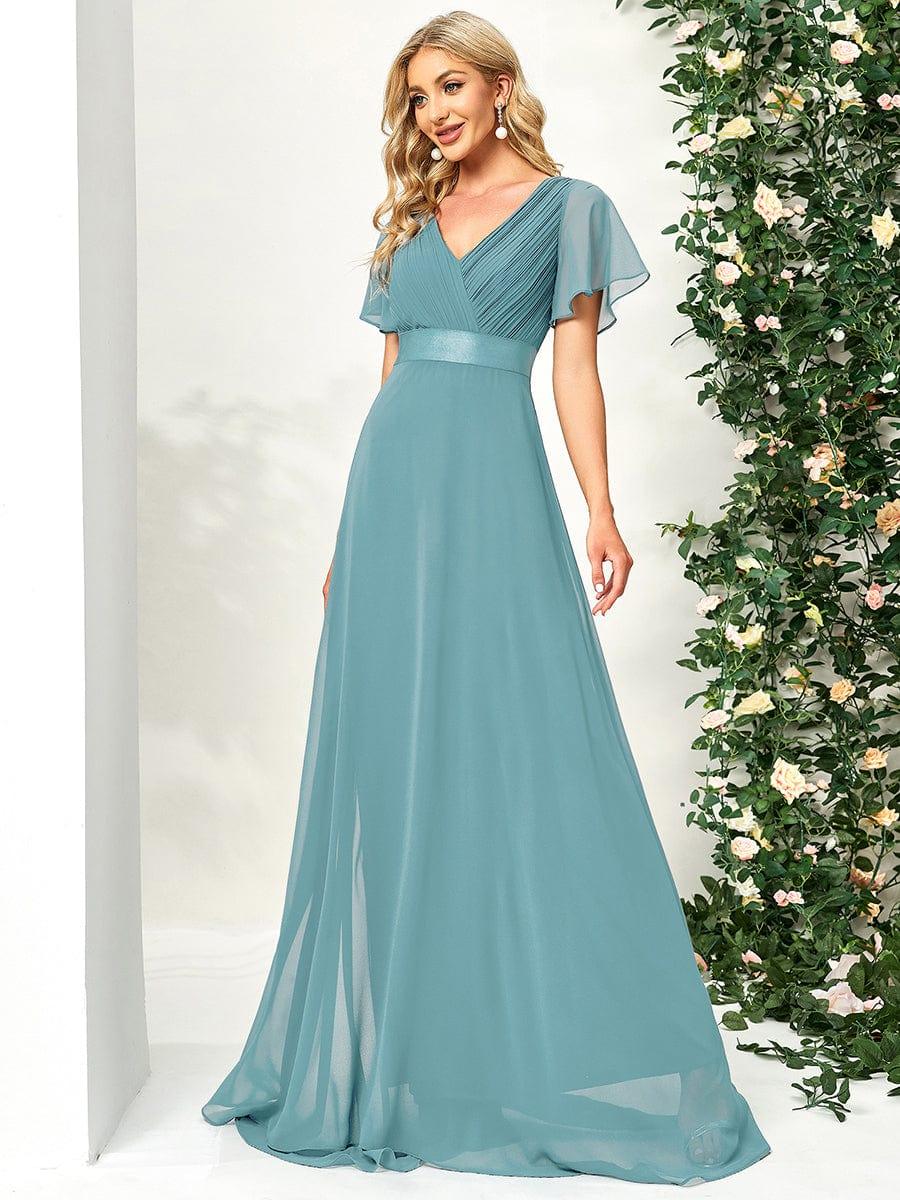 High Waist Maxi Chiffon Bridesmaid Dress with Short Sleeves #color_Light Teal