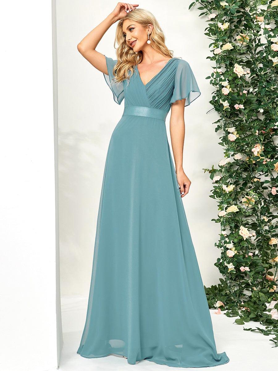 High Waist Maxi Chiffon Bridesmaid Dress with Short Sleeves #color_Light Teal
