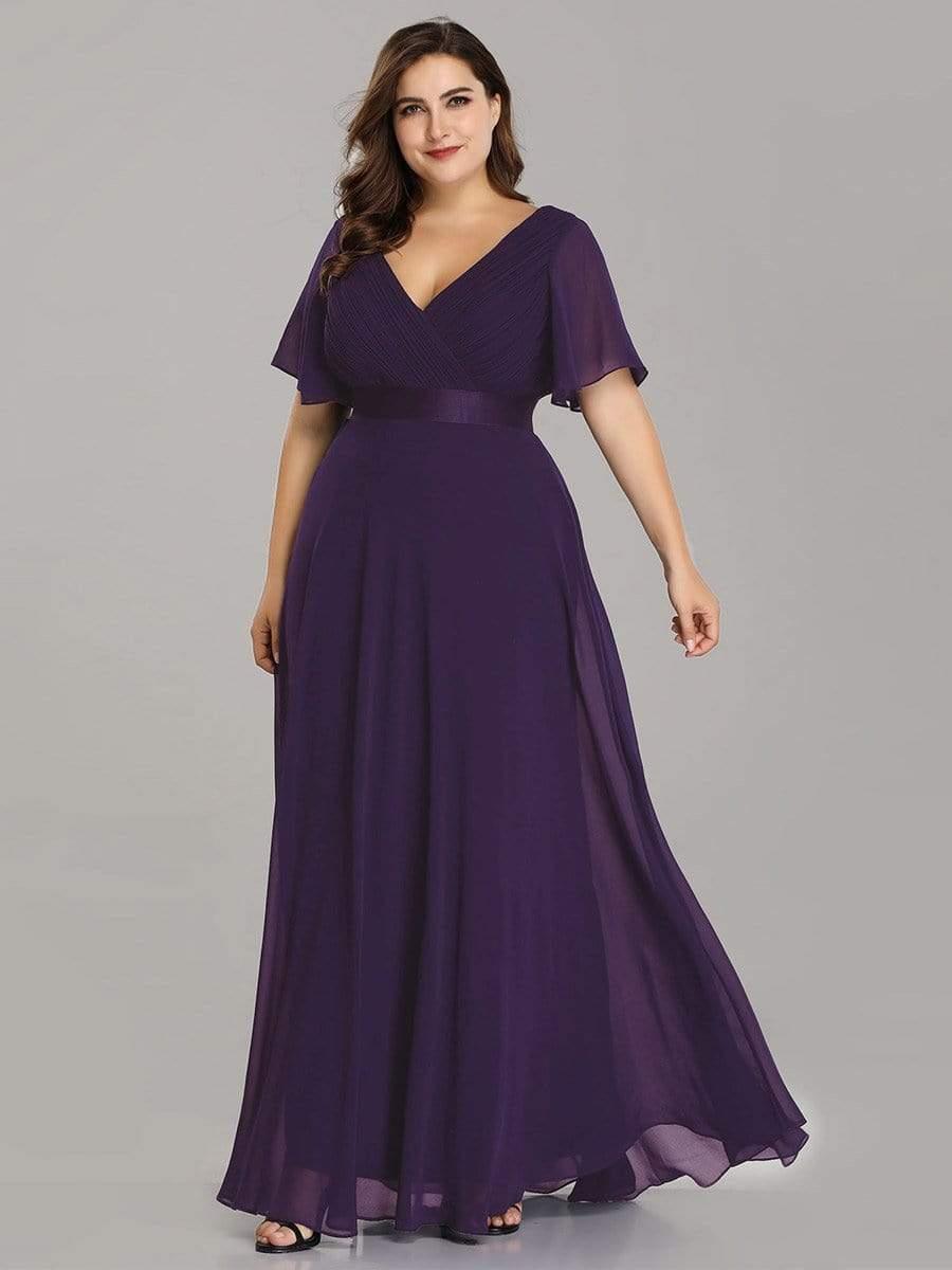 Empire Waist Floor Length Bridesmaid Dress with Short Flutter Sleeves #color_Dark Purple