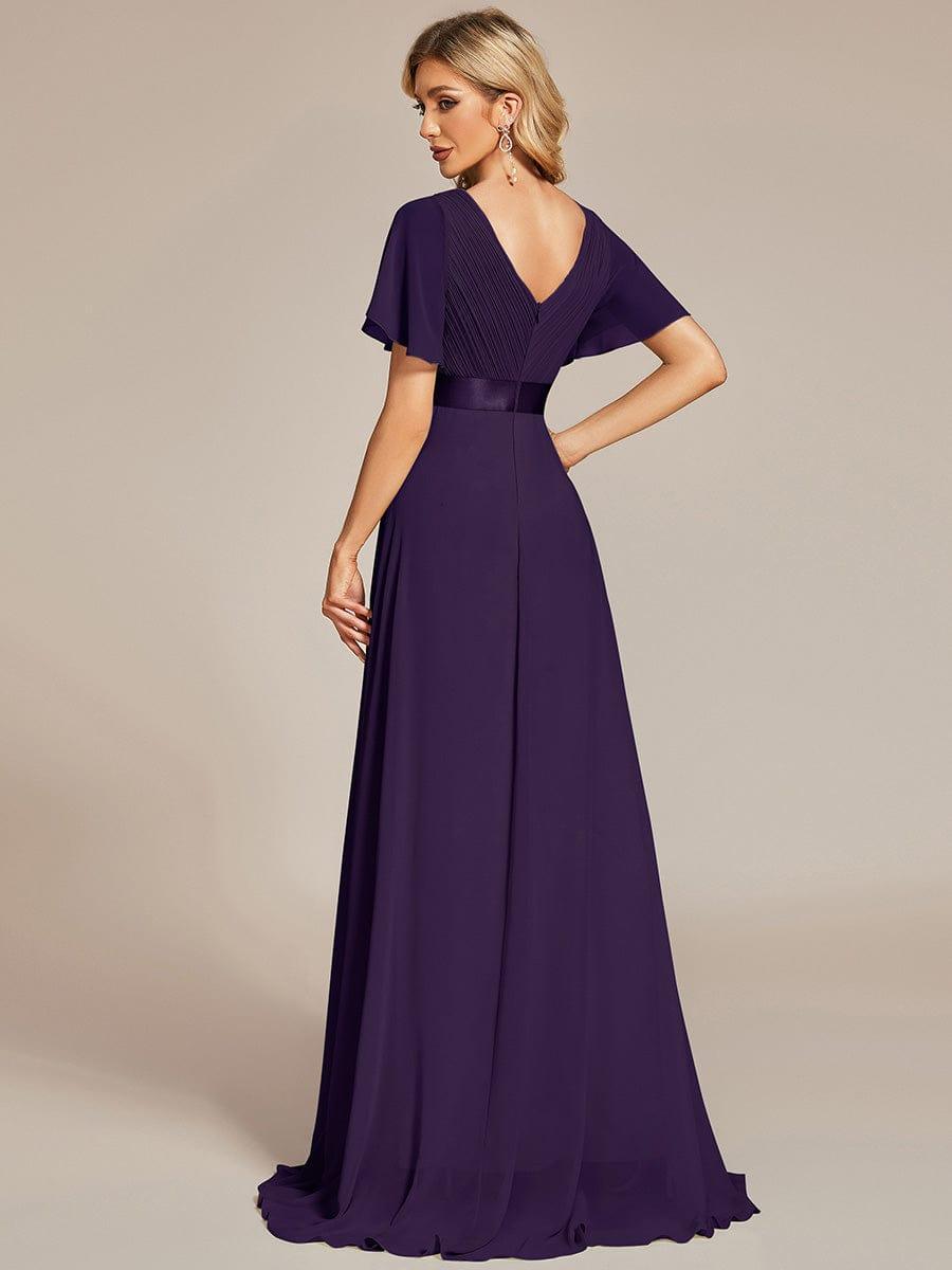 Empire Waist Floor Length Bridesmaid Dress with Short Flutter Sleeves #color_Dark Purple