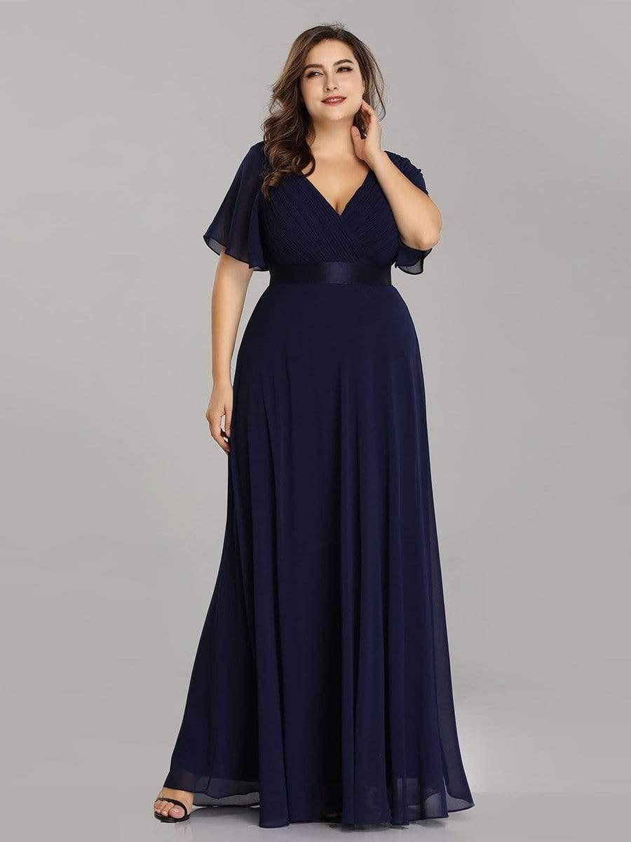 Empire Waist Floor Length Bridesmaid Dress with Short Flutter Sleeves #color_Navy Blue