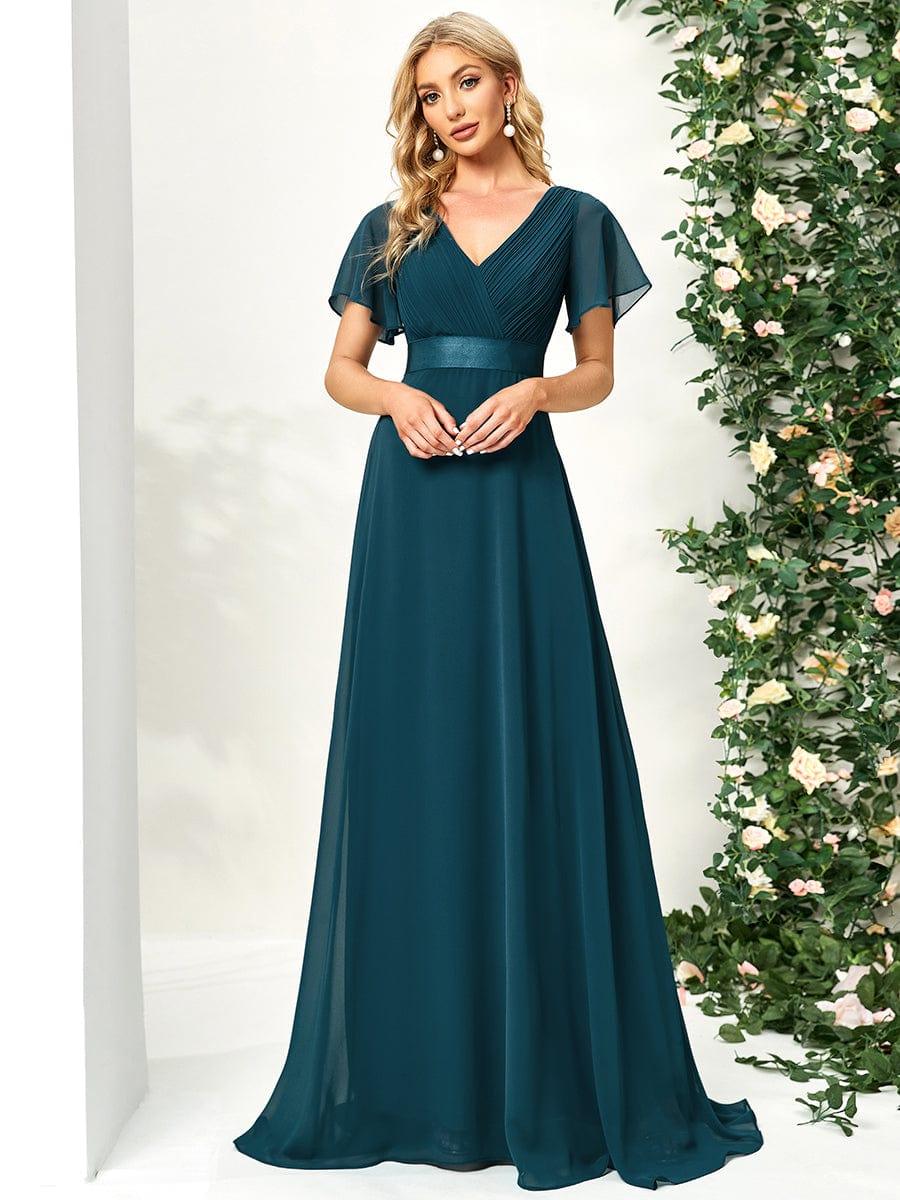 High Waist Maxi Chiffon Bridesmaid Dress with Short Sleeves #color_Teal