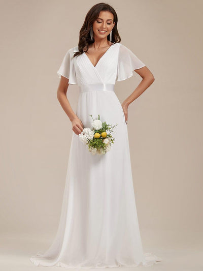 Empire Waist Floor Length Bridesmaid Dress with Short Flutter Sleeves #color_White