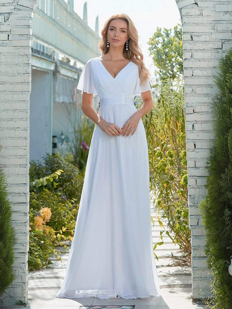 Minimalist A-Line Maxi Chiffon Wedding Dress with Satin Belt #color_White