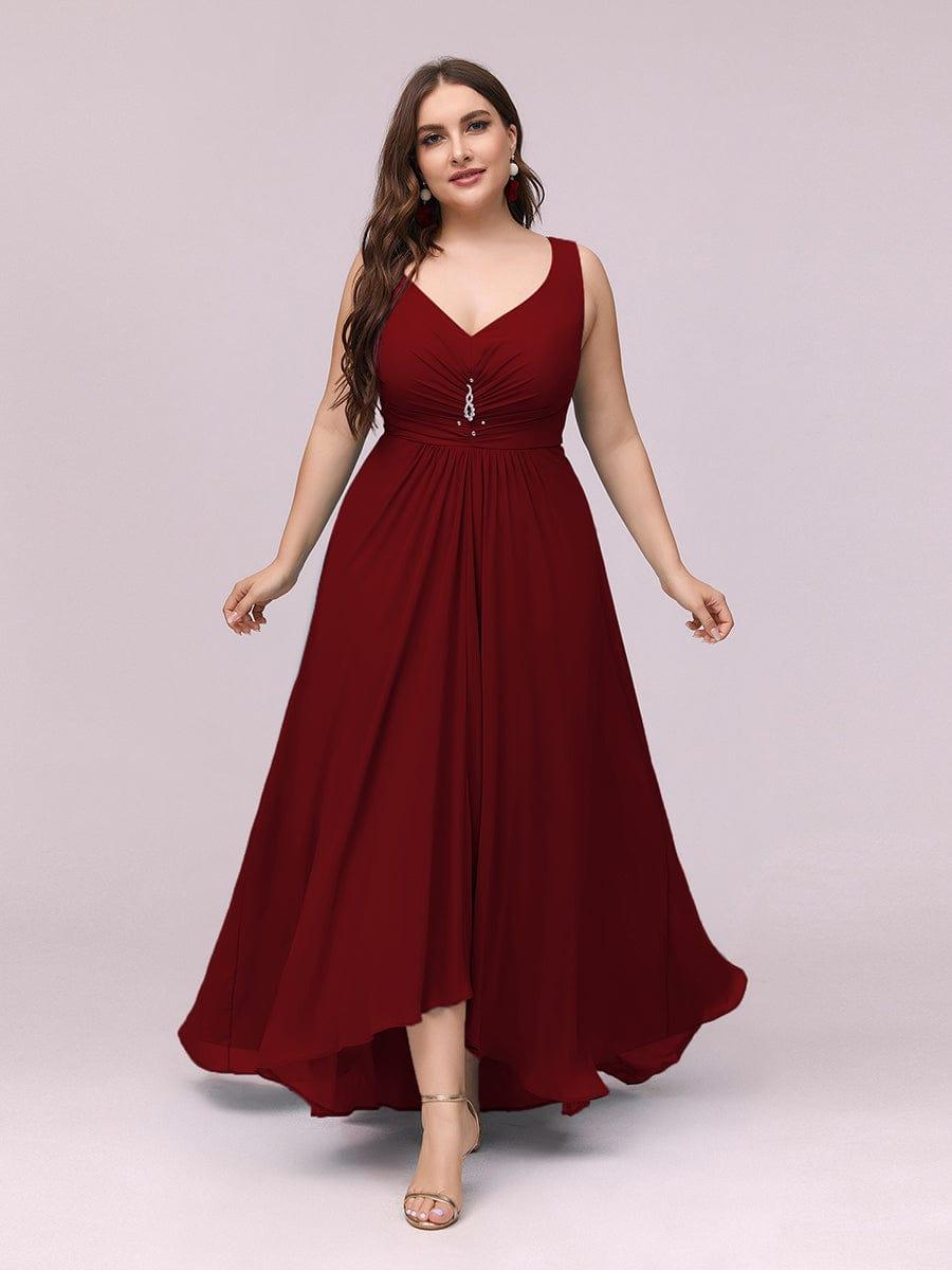 V-Neck High-Low Evening Dress #color_Burgundy