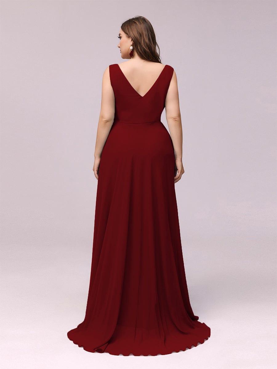 Plus Size Rhinestone V Neck High Low Party Dress #color_Burgundy