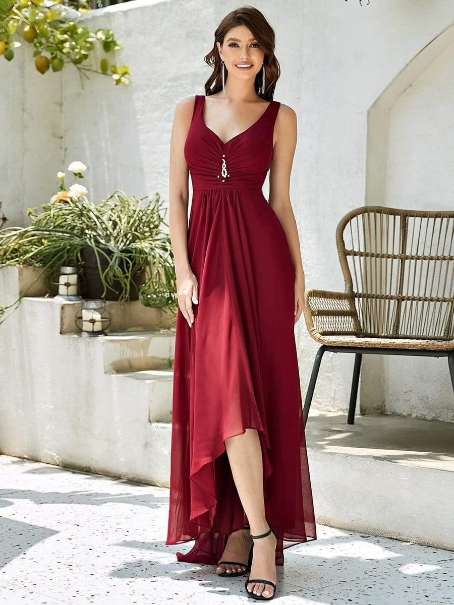 V-Neck High-Low Evening Dress #color_Burgundy
