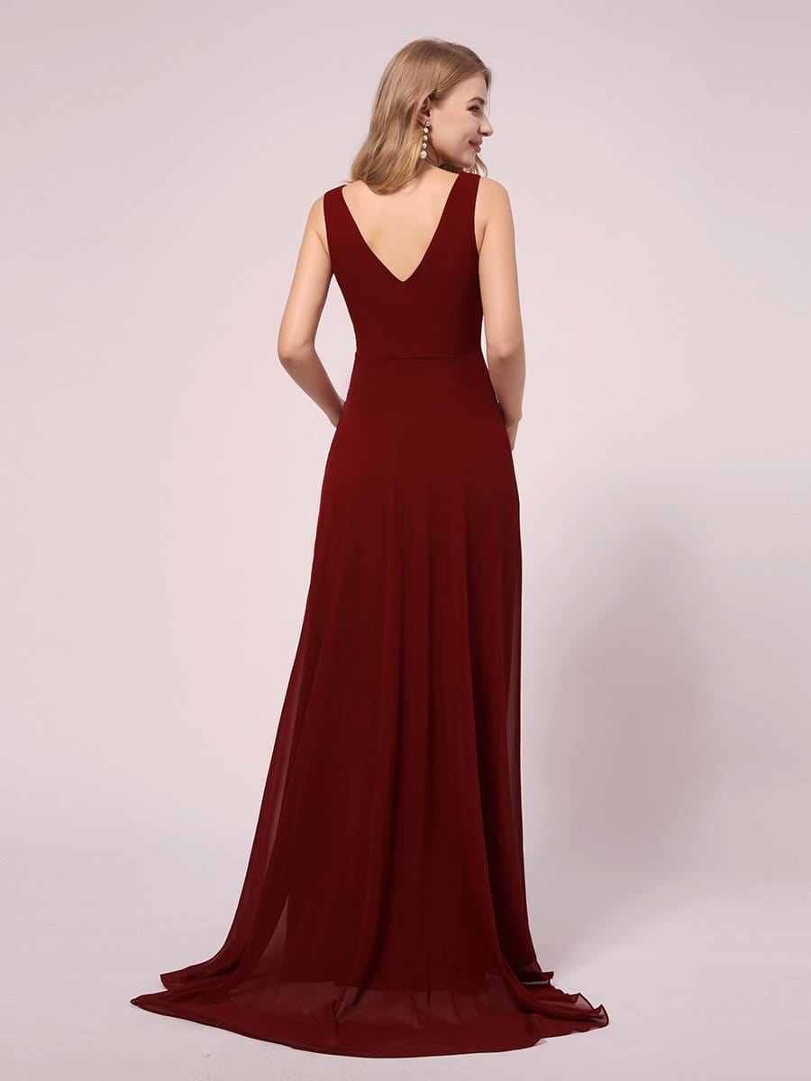 Double V-Neck High-Low Chiffon Maternity Dress #color_Burgundy