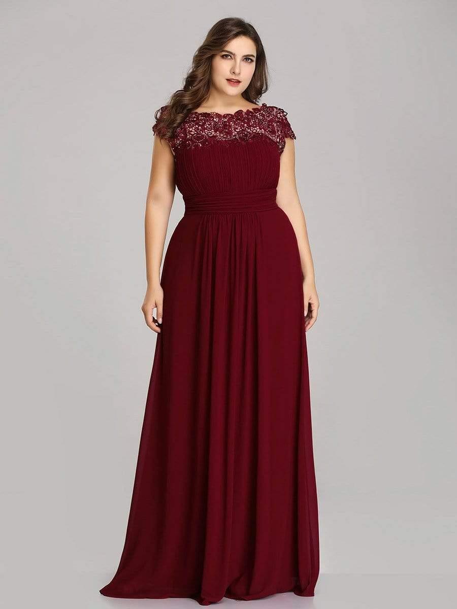 Maxi Long Lace Cap Sleeve Elegant Bridesmaid Dress #color_Burgundy