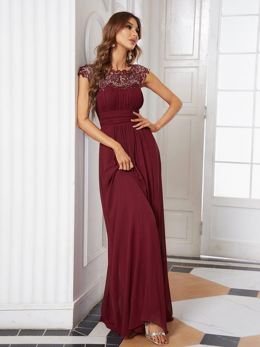 Maxi Long Lace Cap Sleeve Elegant Bridesmaid Dress #color_Burgundy
