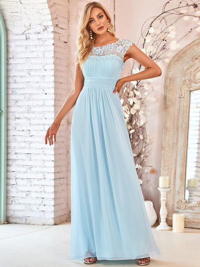 Maxi Long Lace Cap Sleeve Elegant Bridesmaid Dress #color_Sky Blue