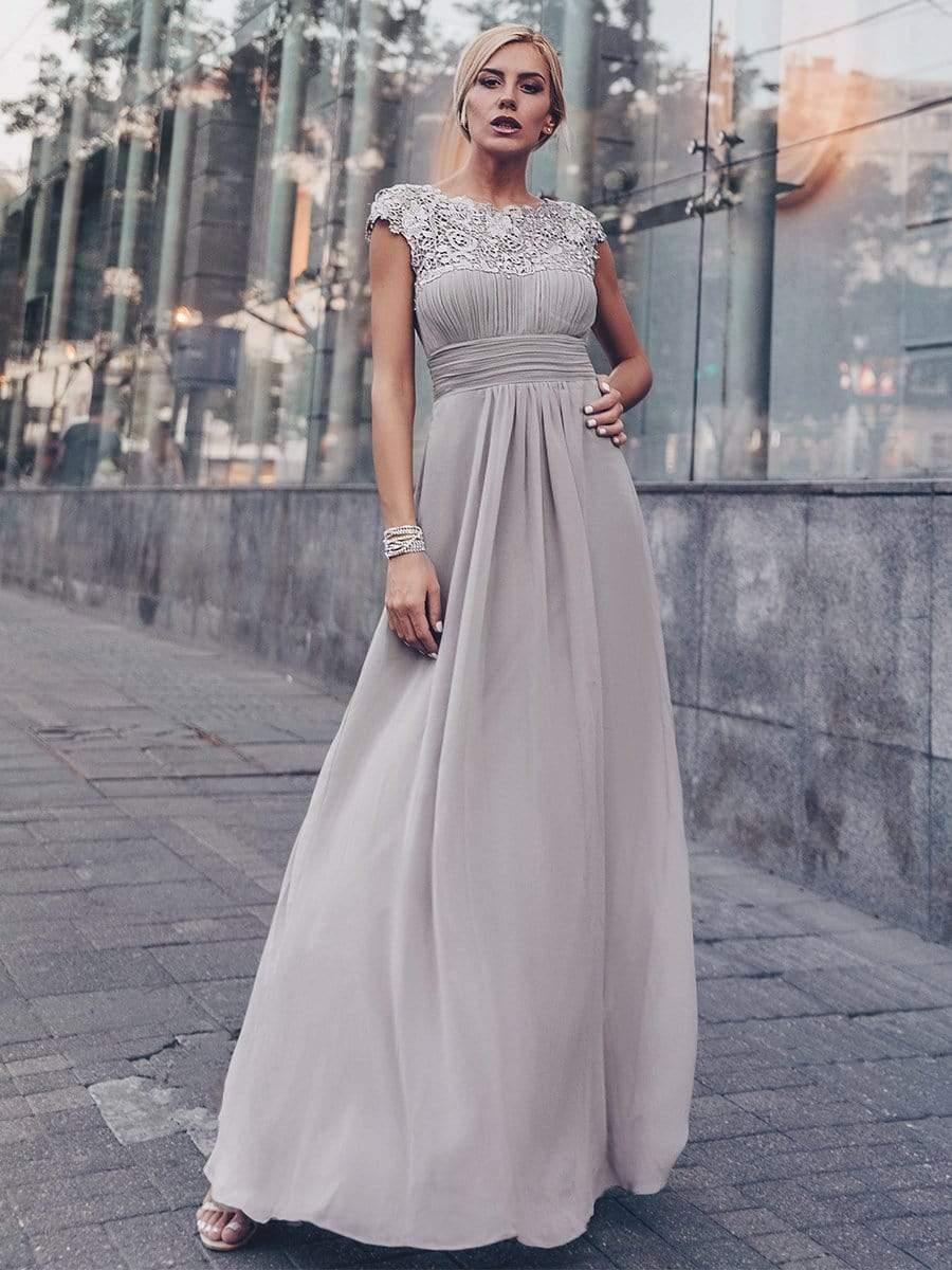 Maxi Long Lace Cap Sleeve Elegant Bridesmaid Dress #color_Grey