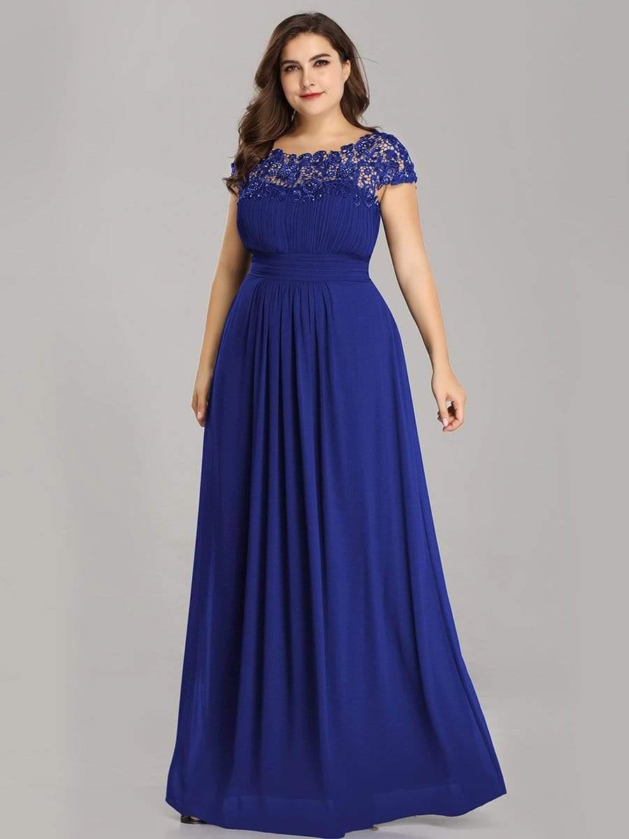 Maxi Long Lace Cap Sleeve Elegant Bridesmaid Dress #color_Sapphire Blue