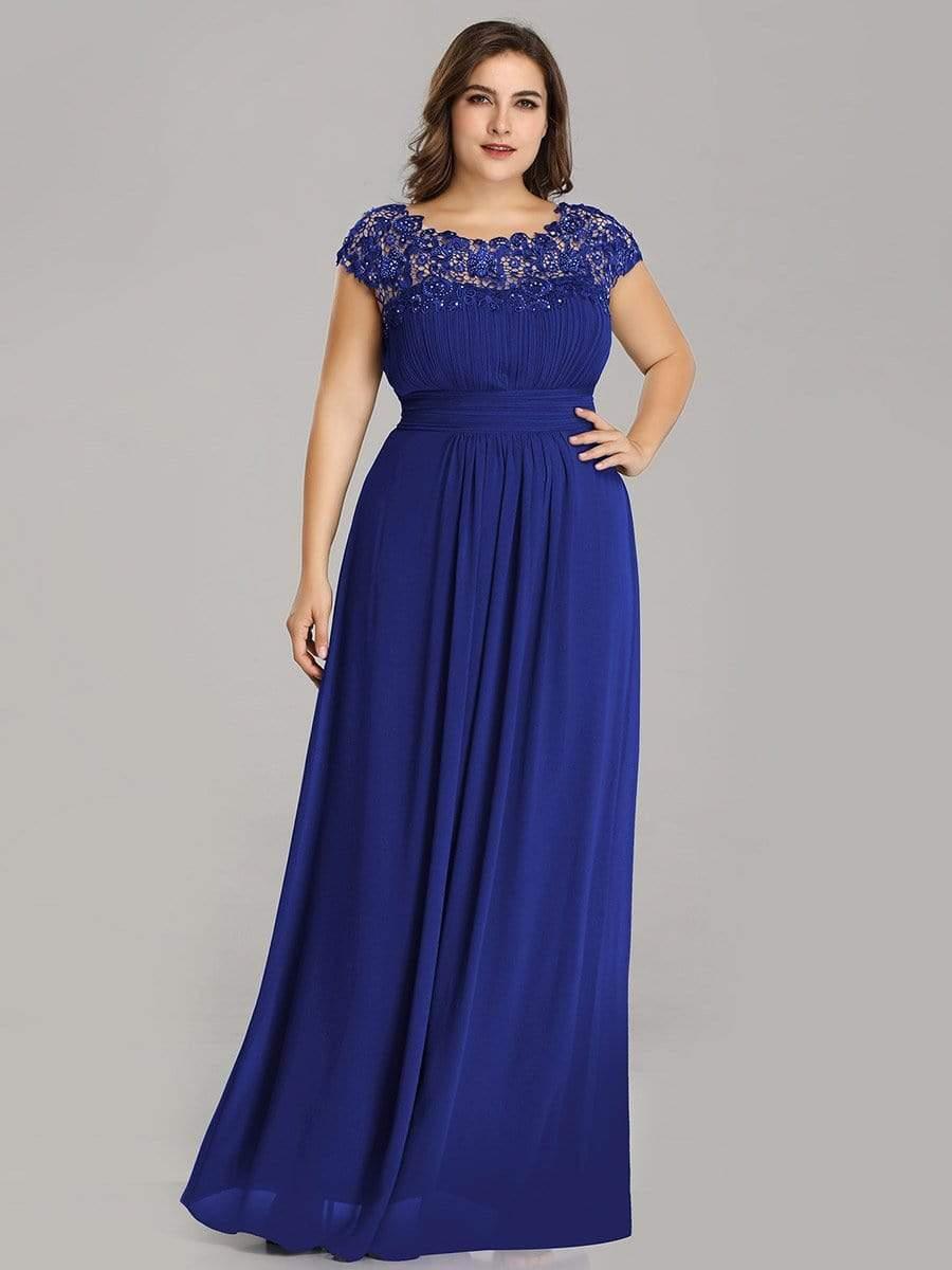 Maxi Long Lace Cap Sleeve Elegant Bridesmaid Dress #color_Sapphire Blue
