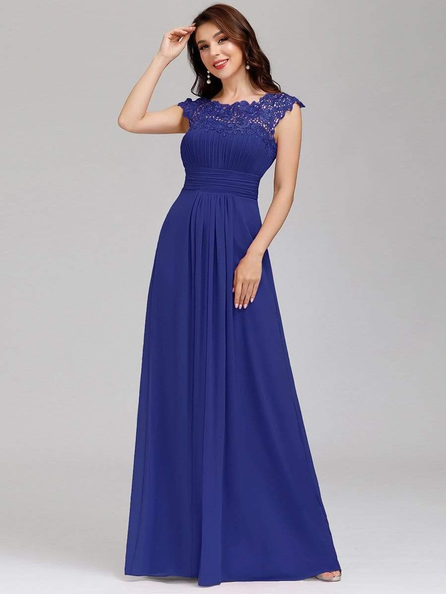 Maxi Long Lace Cap Sleeve Elegant Bridesmaid Dress #color_Sapphire Blue