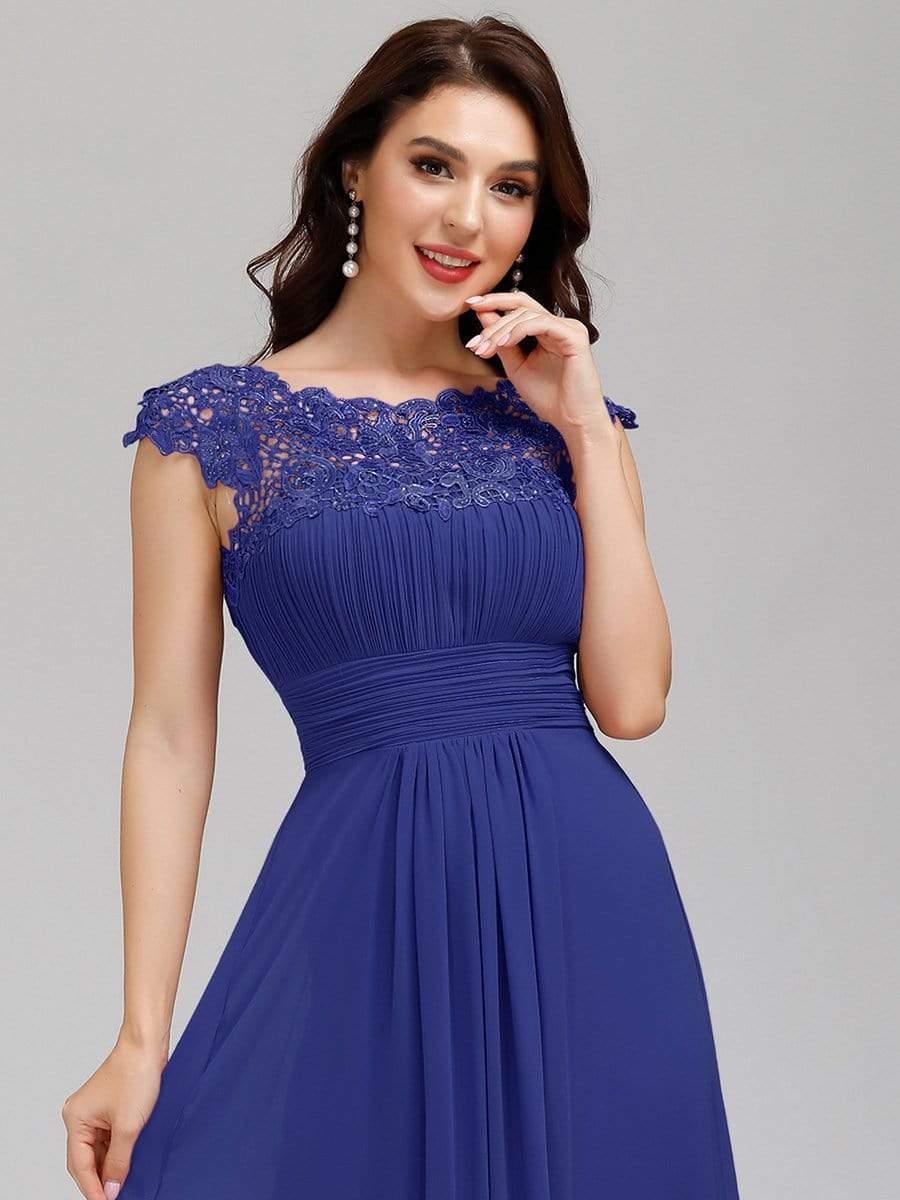 Maxi Long Lace Cap Sleeve Elegant Bridesmaid Dress #color_Sapphire Blue