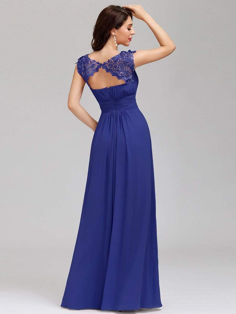 Maxi Long Lace Cap Sleeve Elegant Bridesmaid Dress #color_Sapphire Blue