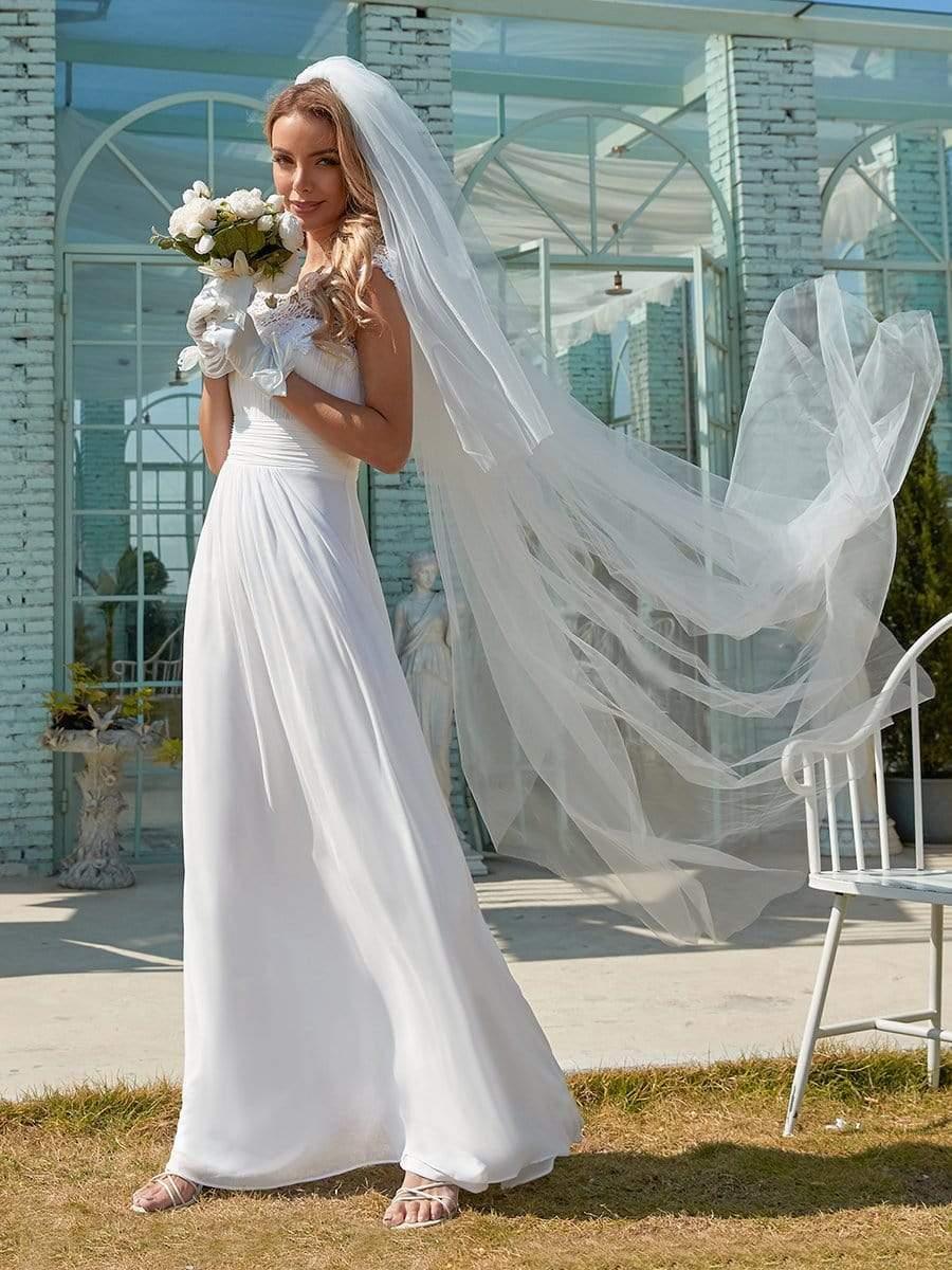 Plain Pleated Chiffon Wedding Dress with Lace Decorations #color_White