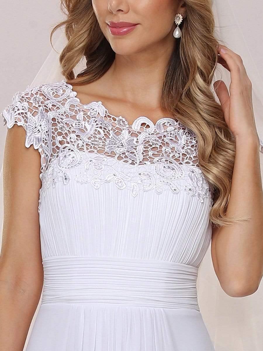 Plain Pleated Chiffon Wedding Dress with Lace Decorations #color_White
