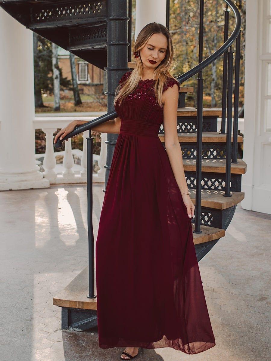 Maxi Long Lace Cap Sleeve Elegant Bridesmaid Dress #color_Burgundy