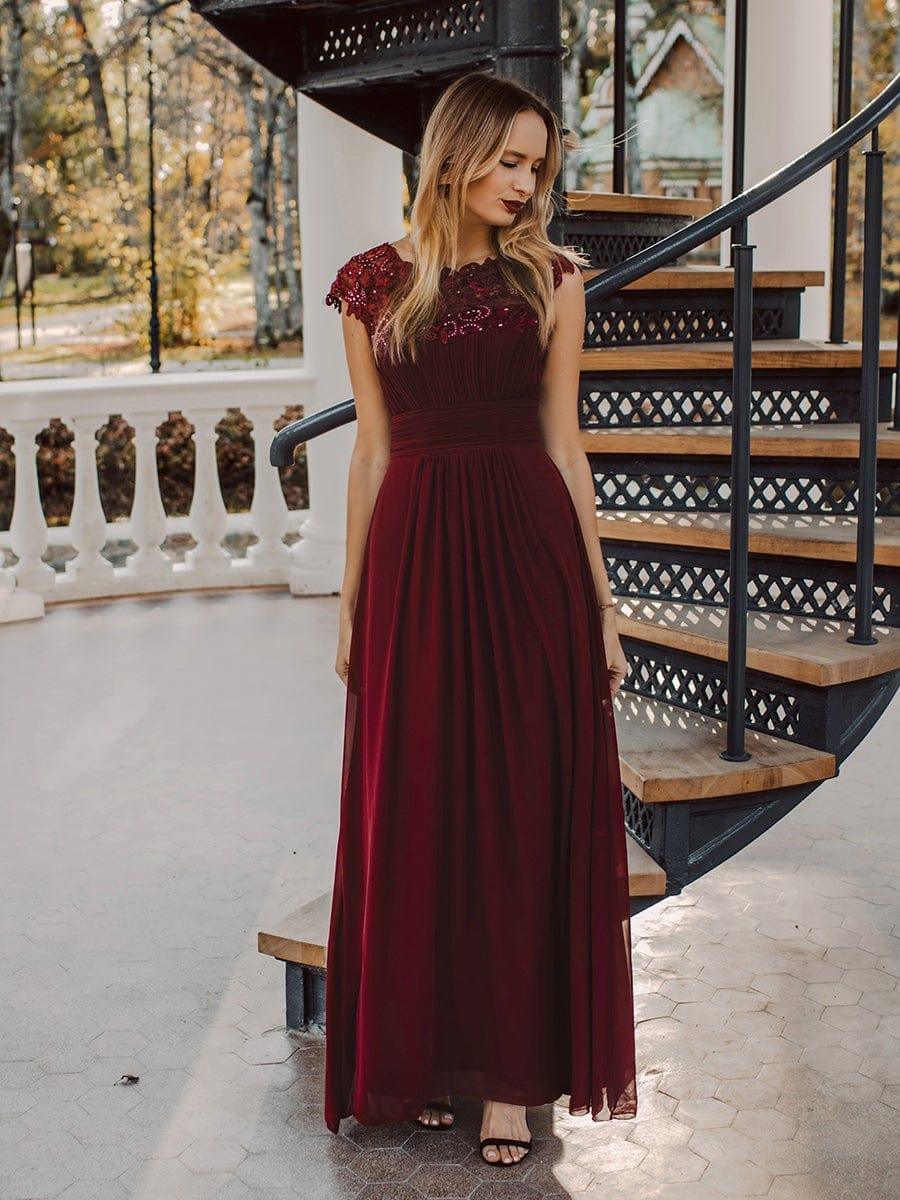 Maxi Long Lace Cap Sleeve Elegant Bridesmaid Dress #color_Burgundy