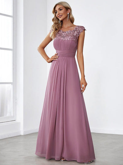 Maxi Long Lace Cap Sleeve Elegant Bridesmaid Dress #color_Purple Orchid