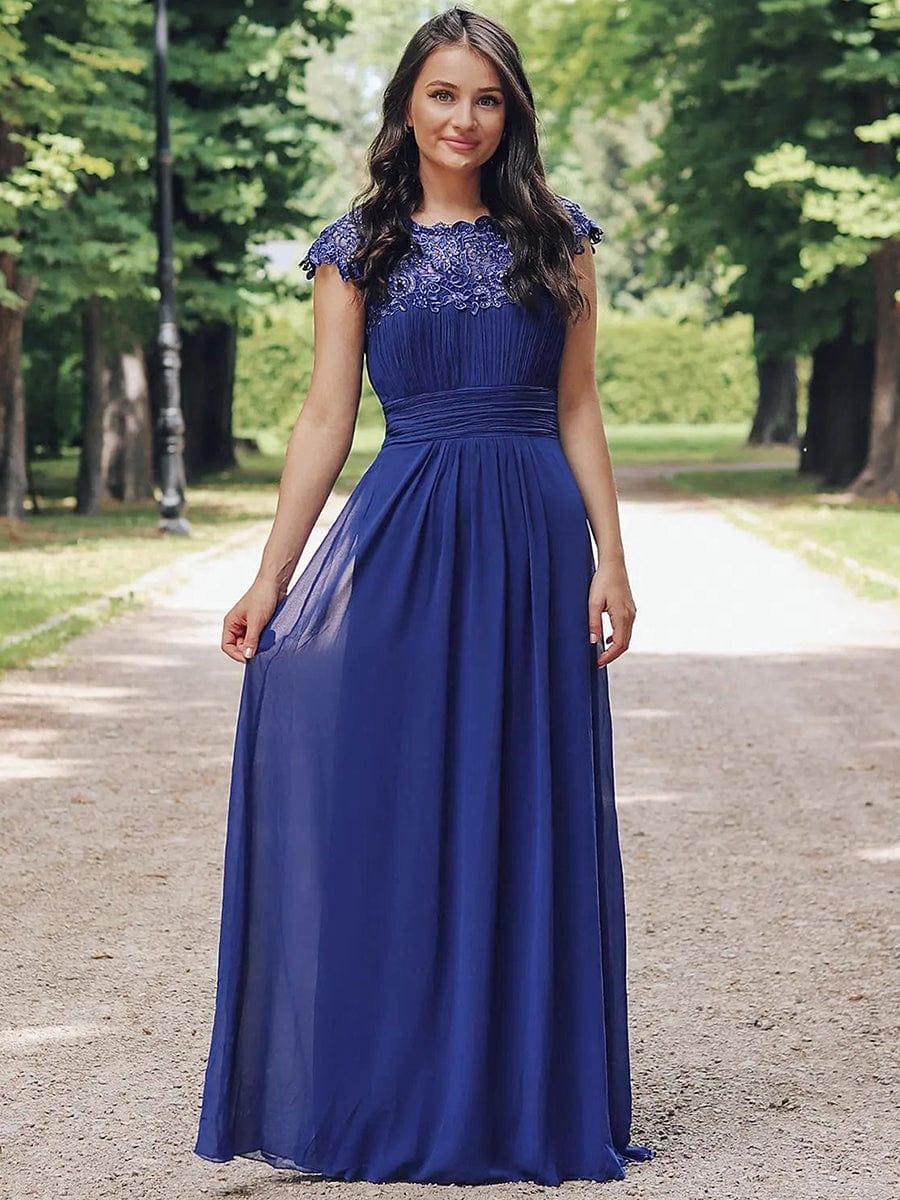 Maxi Long Lace Cap Sleeve Elegant Bridesmaid Dress #color_Sapphire Blue
