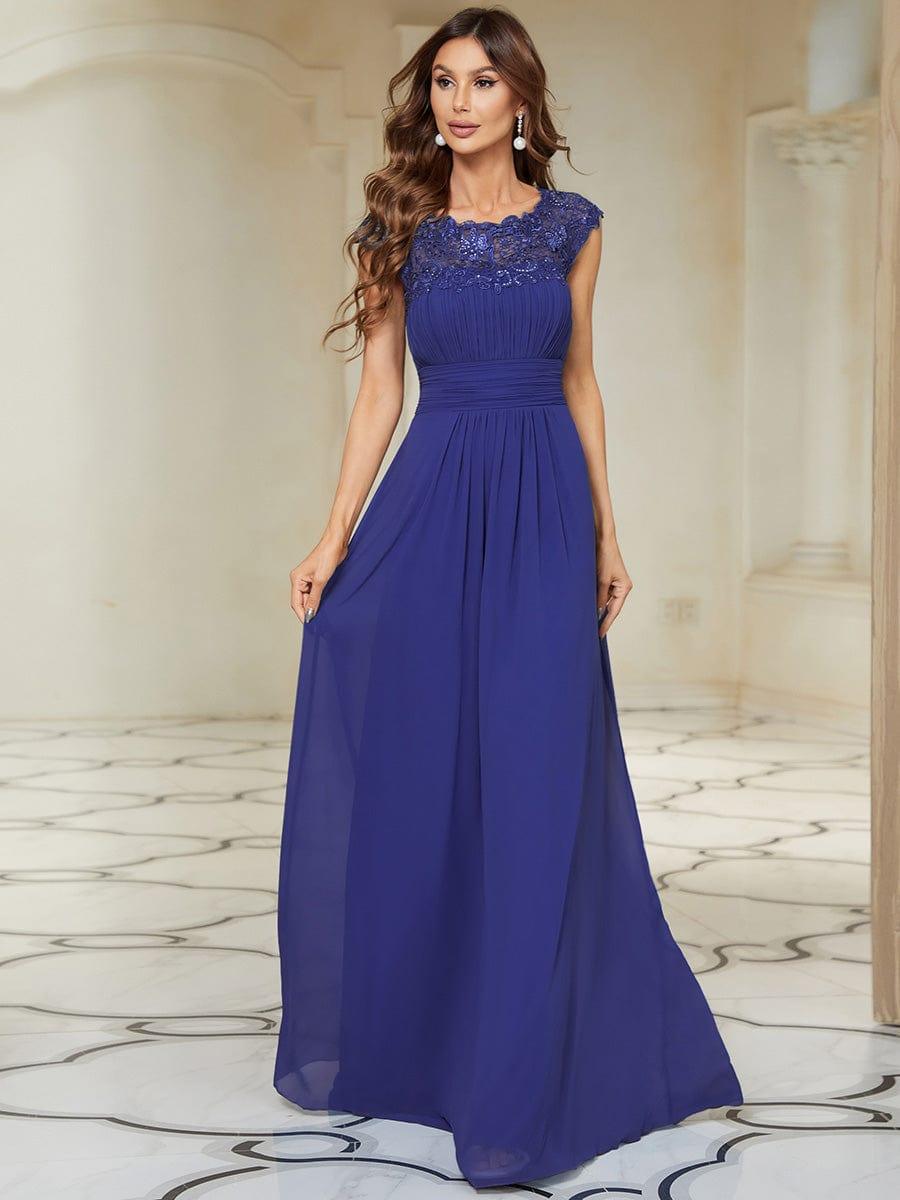 Maxi Long Lace Cap Sleeve Elegant Bridesmaid Dress #color_Sapphire Blue