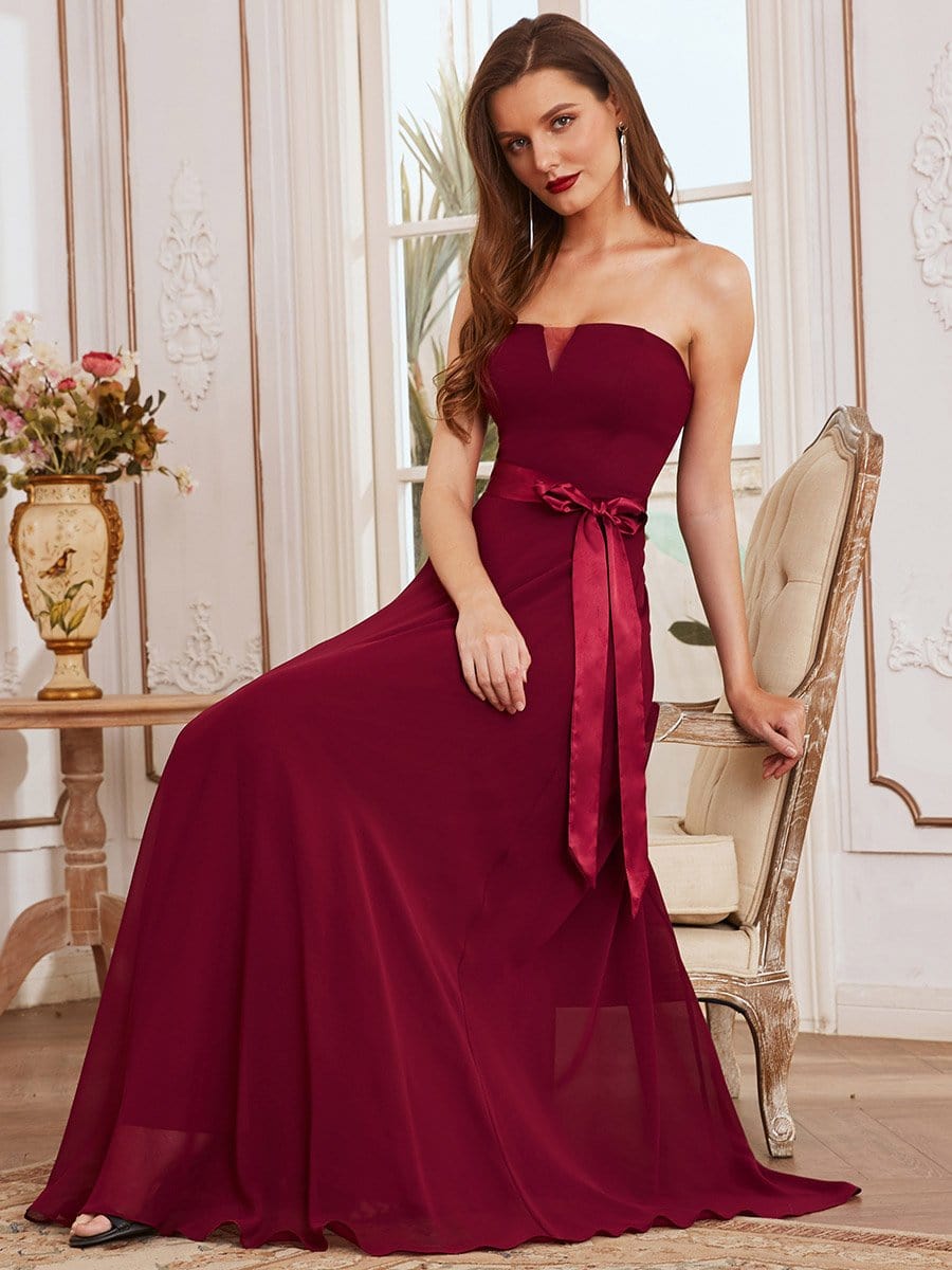 Romantic Strapless Floor Length Waistband Bridesmaid Dress #color_Burgundy Romantic Strapless Floor Length Waistband Bridesmaid Dress