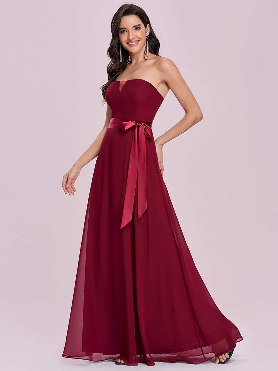 Romantic Strapless Floor Length Waistband Bridesmaid Dress #color_Burgundy Romantic Strapless Floor Length Waistband Bridesmaid Dress