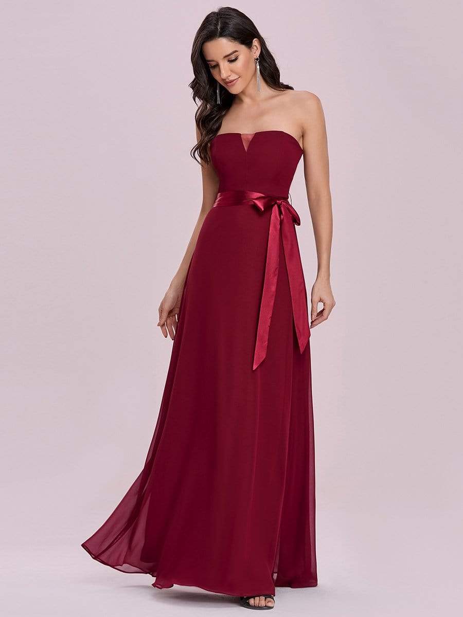 Romantic Strapless Floor Length Waistband Bridesmaid Dress #color_Burgundy Romantic Strapless Floor Length Waistband Bridesmaid Dress