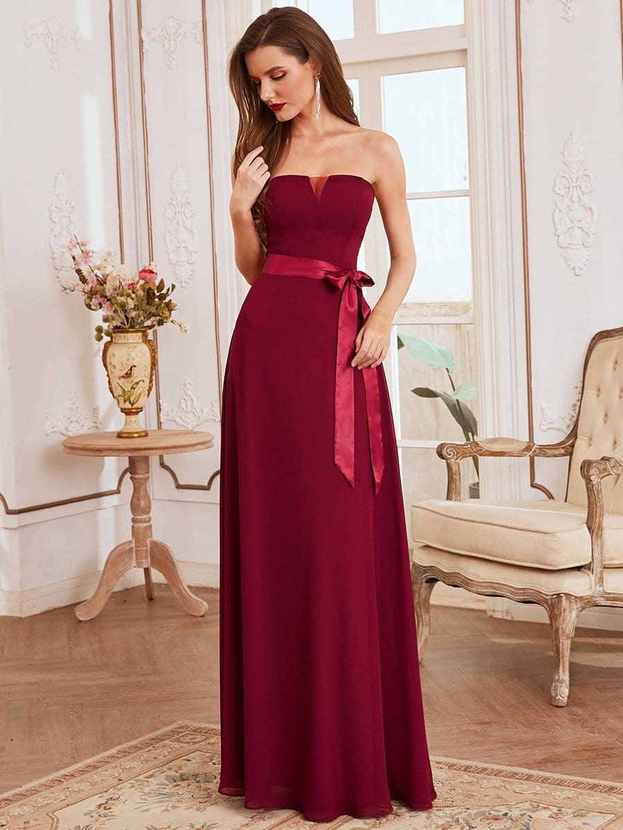 Romantic Strapless Floor Length Waistband Bridesmaid Dress #color_Burgundy Romantic Strapless Floor Length Waistband Bridesmaid Dress