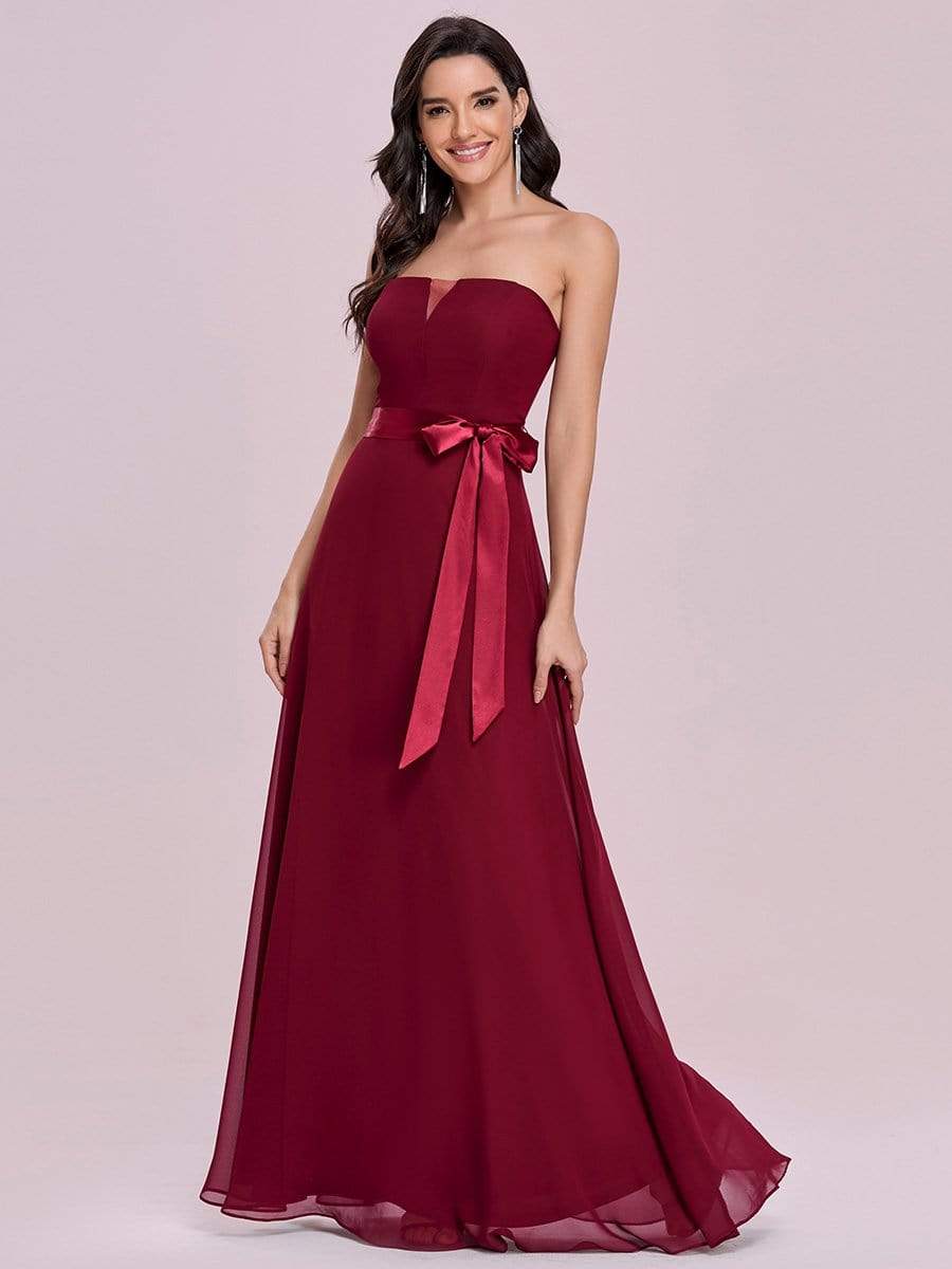 Romantic Strapless Floor Length Waistband Bridesmaid Dress #color_Burgundy Romantic Strapless Floor Length Waistband Bridesmaid Dress
