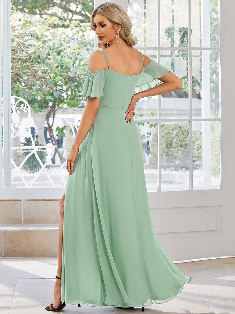 Cold-Shoulder High Split Floor Length Bridesmaid Dress #color_Mint Green