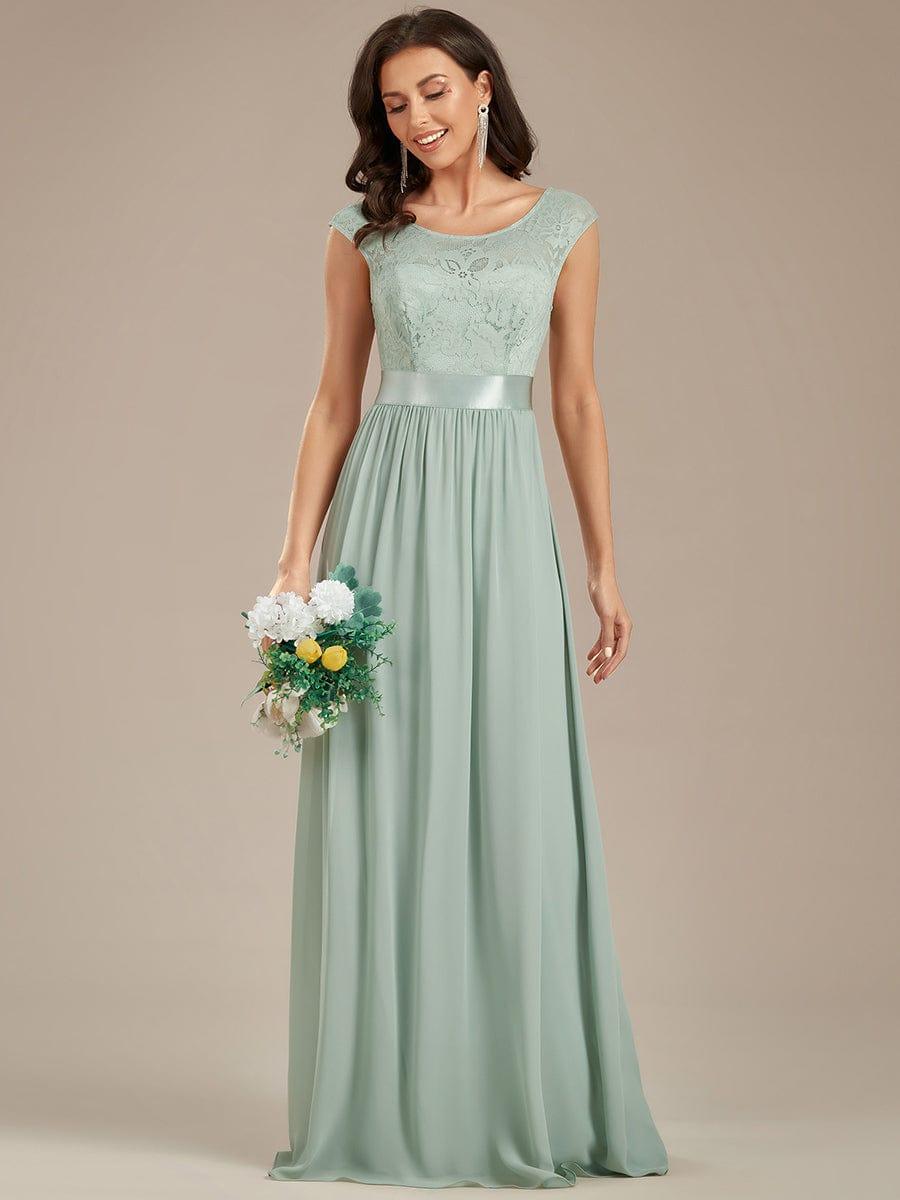 Classic Round Neck V Back Lace Bodice Bridesmaid Dress #color_Mint Green