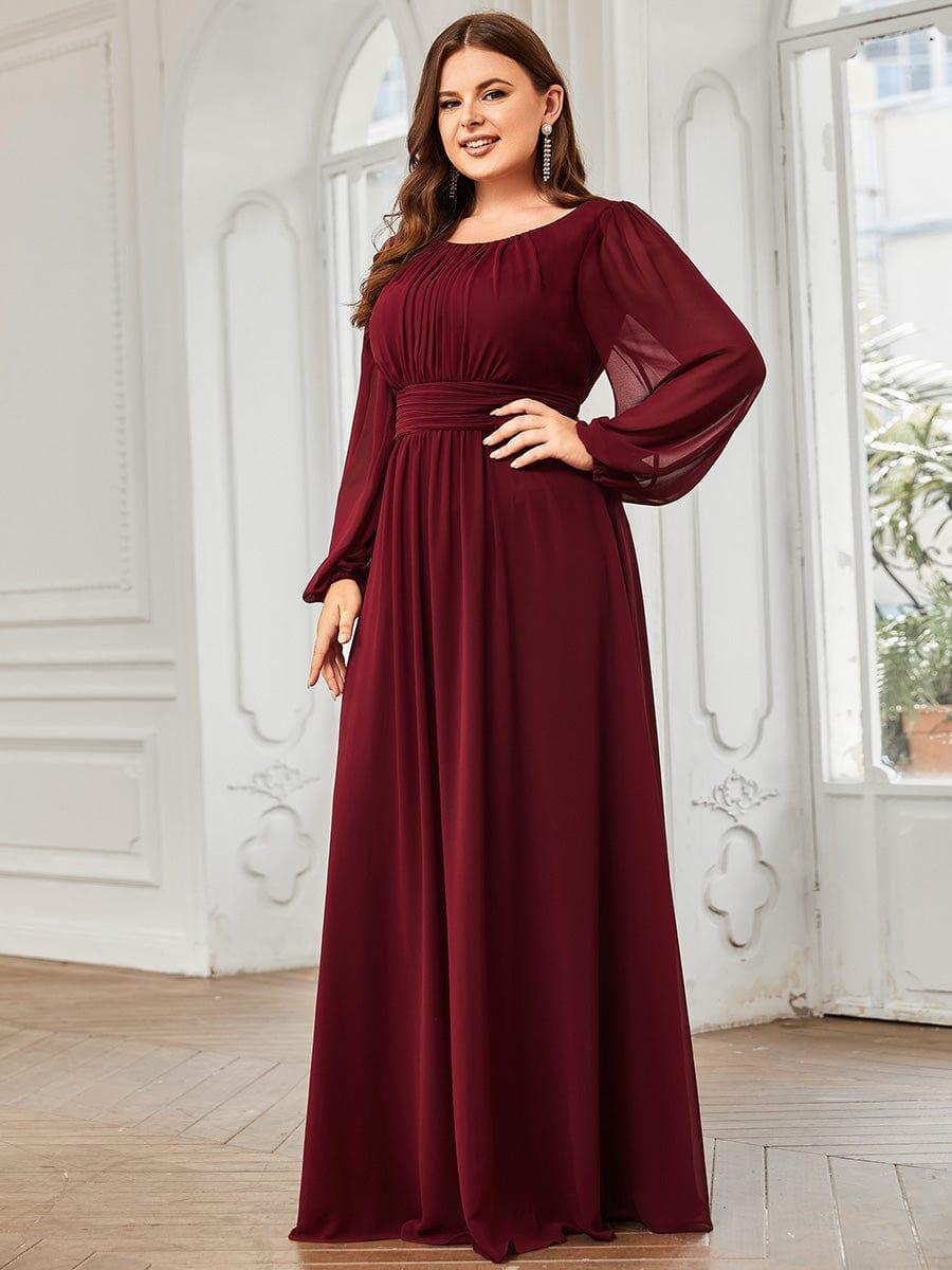 Chiffon Long Sleeve Pleated Floor Length Bridesmaid Dress #color_Burgundy