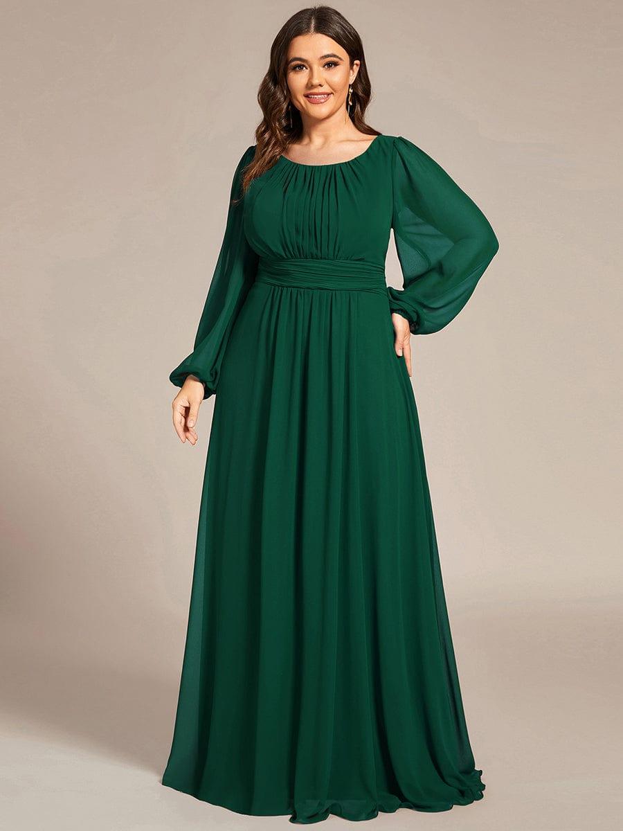 Chiffon Long Sleeve Pleated Floor Length Bridesmaid Dress #color_Dark Green