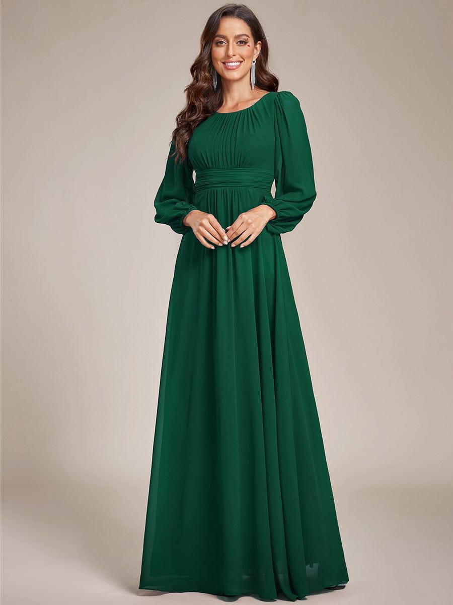 Chiffon Long Sleeve Pleated Floor Length Bridesmaid Dress #color_Dark Green