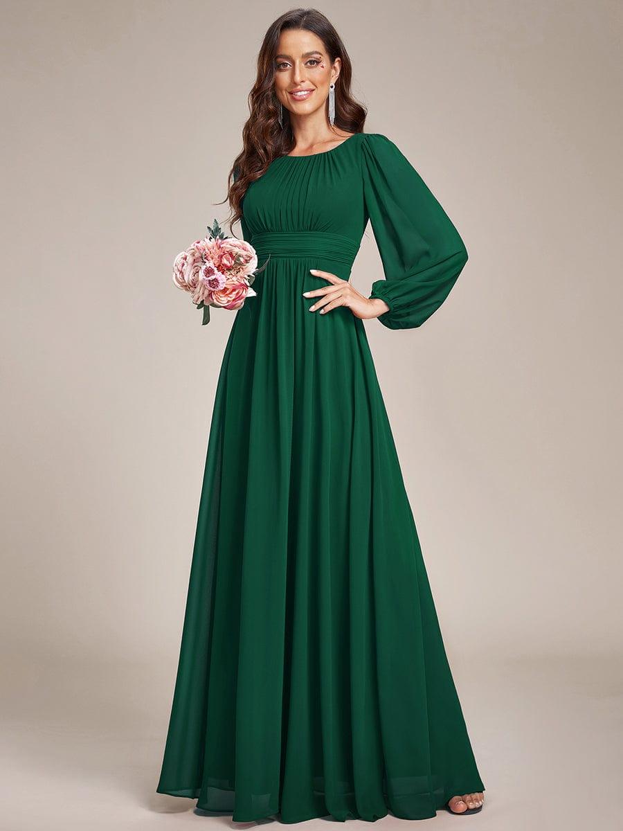 Chiffon Long Sleeve Pleated Floor Length Bridesmaid Dress #color_Dark Green